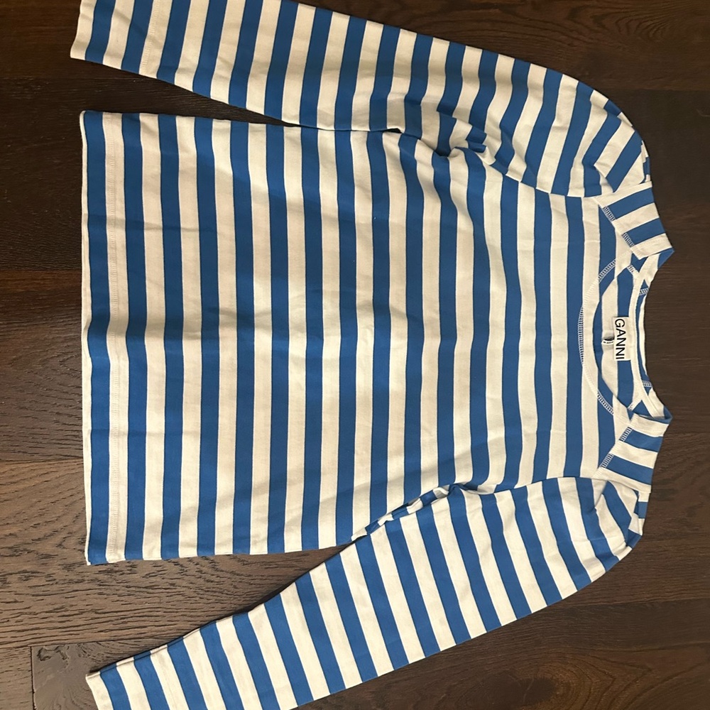 Ganni Blue and White Striped Top